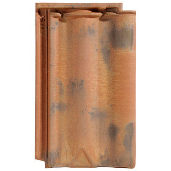 Tuile en terre cuite - Delta 10 Ste Foy - emboîtement grand moule faiblement galbée à relief - Vieilli nuancé sur fond rouge