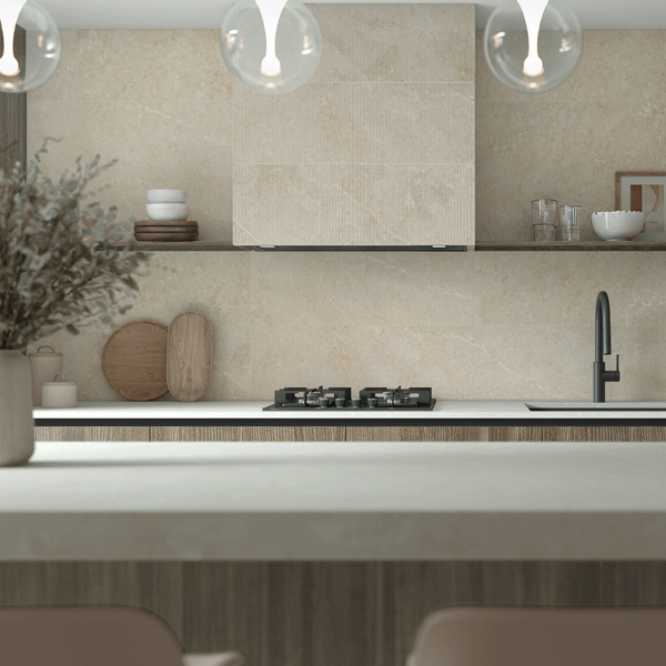 Carrelage mural pour salle de bains et cuisine effet pierre - Nora Wall - 20 x 60 cm - ép. 9,4 mm - à relief Greige