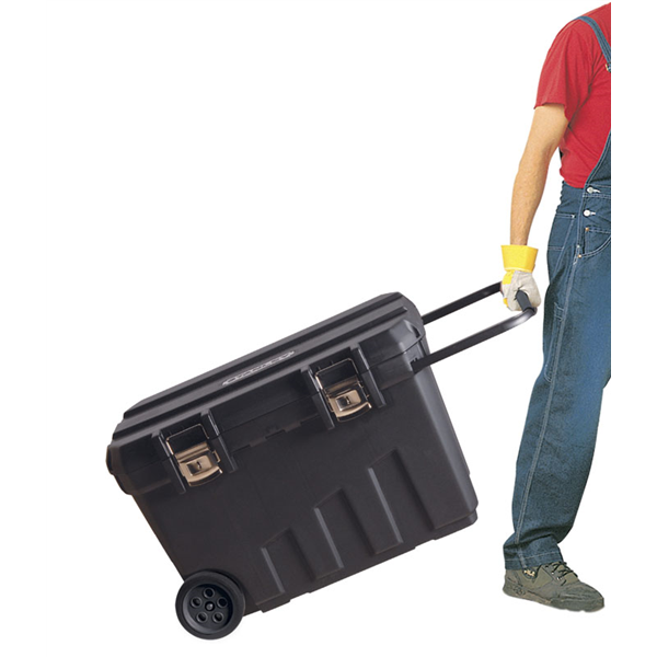 Coffre de chantier roulant avec poignée et plateau porte outil volume utile 91L