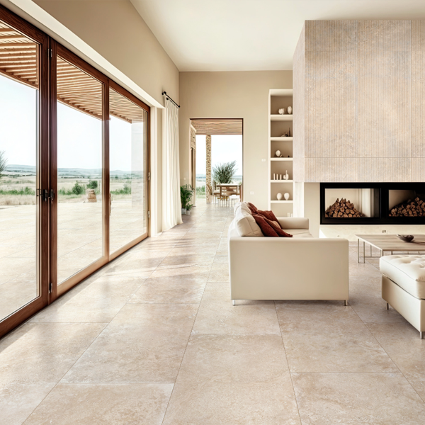 Carrelage intérieur effet travertin en grès cérame rectifié - Realstone Travertino Cross - 120,0 CM x 60,0 CM - ép. 9,00 MM - Beige