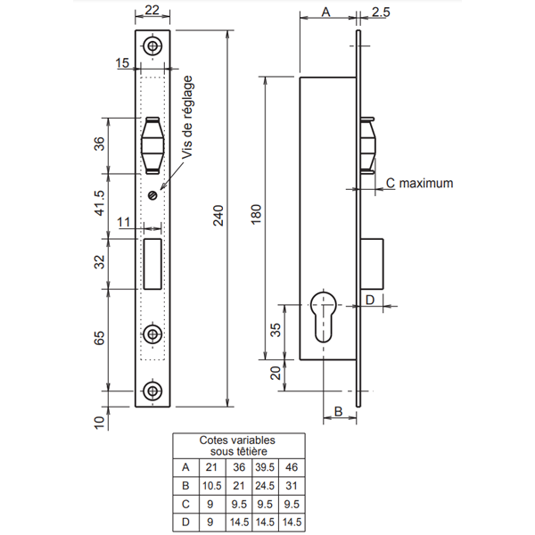 Serrure à encastrer 1 point pêne dormant et rouleau - Metalux 8 - coffre 36 x 180 mm - axe 21 mm