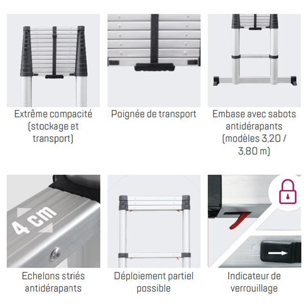 Échelle télescopique en aluminium X-SCOPIC Tubesca - hauteur pliée 0,90 M - hauteur dépliée 3,80 M - hauteur d'accès max 4,70 M