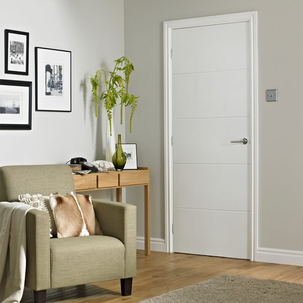 Bloc-porte alvéolaire rainuré prépeint chant droit - Huisserie 88/56 et joint confort - serrure PDDT - Quattro Chauvat Portes - 204 CM x 83 CM - Poussant droit