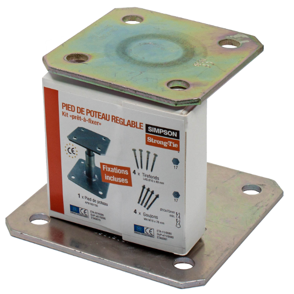 Pied de poteau réglable prêt à fixer Simpson  en acier électrozingué - avec fixations - hauteur 100 à 150 mm