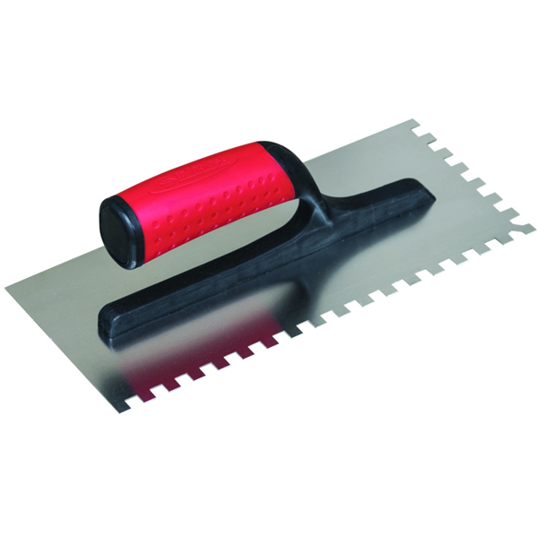 Platoir à colle pour carreleur avec lame inox à dents carrées de 8x8 mm et poignée en polyamide - 28 x 12 cm