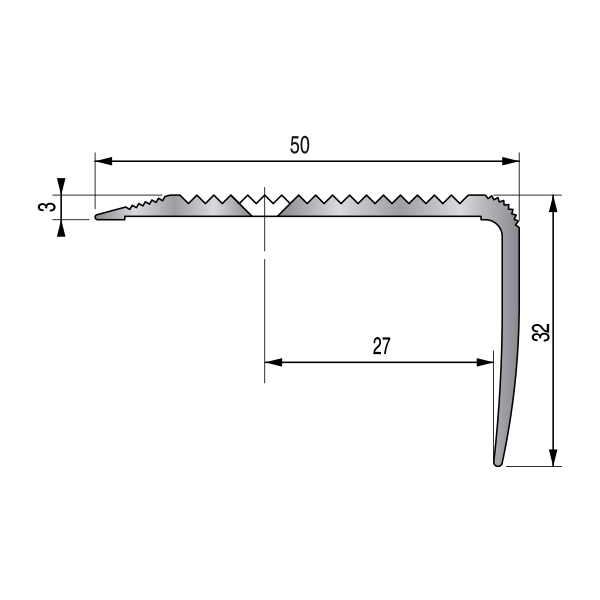 Nez de marche strié à visser Dinac 44V en aluminium anodisé naturel - 50 MM x 32,0 MM - longueur 3,00 M