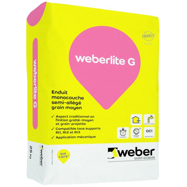Enduit monocouche semi-allégé et coloré à grain moyen WeberLite G 019 Jaune - sac de 25 KG