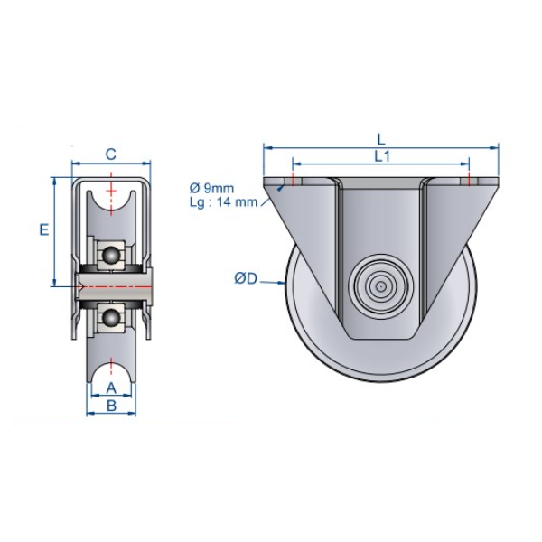 Galet sur monture extérieure Mantion gorge en V - Capacité 200 Kg - Diamètre 100 mm - Acier - Lot de 2
