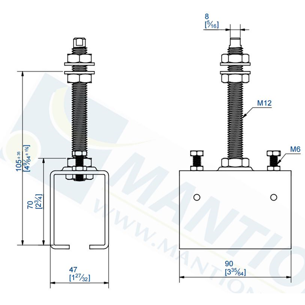 Support de raccordement tige longue pour rail 50x40 mm