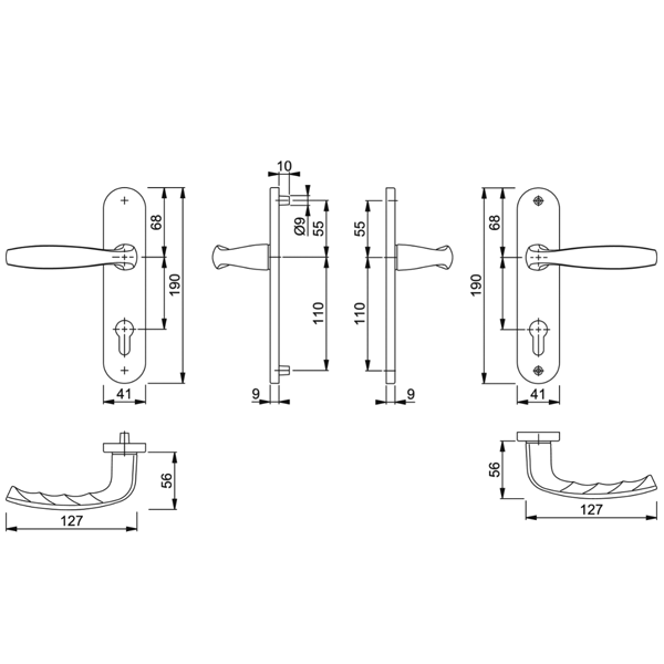 Poignée de porte clé en I - New York Hoppe - porte 38 - 47mm carré 7mm - Alu aspect inox