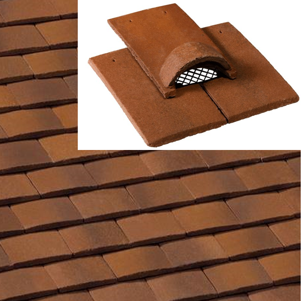 Tuile chatière 3 éléments en béton avec grille PVC - Vieille France - Rouge vieilli - 27 x 16.5 x 8 cm