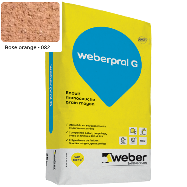 Enduit monocouche lourd et coloré à grain moyen WeberPral G 082 Rose orangé - sac de 25 KG