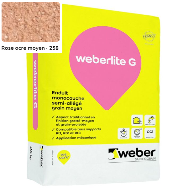 Enduit monocouche semi-allégé et coloré à grain moyen WeberLite G 258 Rose ocre moyen - sac de 25 KG