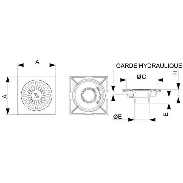 Siphon de cour en fonte avec garde hydraulique anti-odeurs - grille amovible - 200,0 mm x 200,0 mm