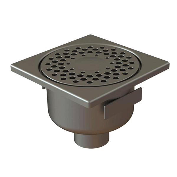 Siphon de douche en inox - cloche avec garde d'eau de 50 mm - 150 x 150 mm - sortie verticale 50 mm