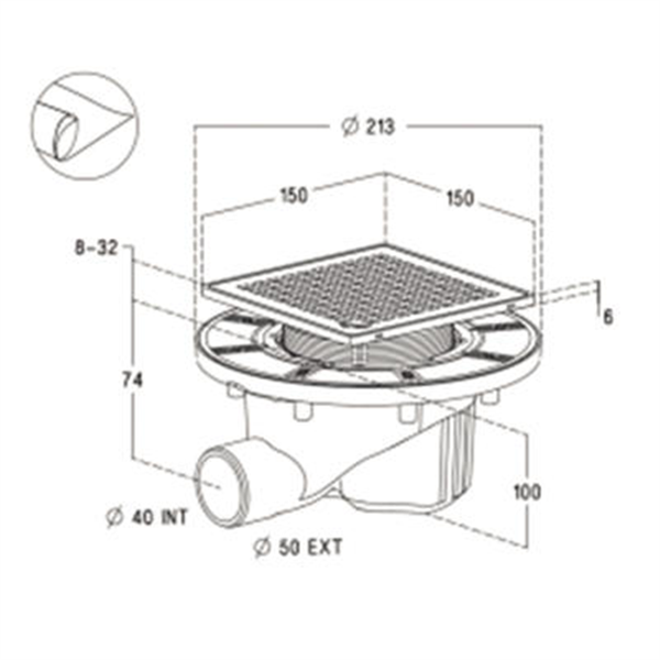 Siphon PVC pour sol carrelé avec grille 15 x 15 cm et cadre en Inox 304 - sortie horizontale ø 40/50 mm