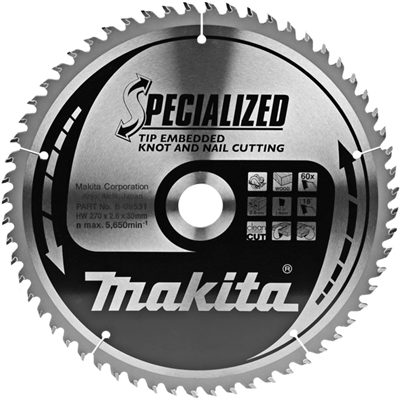 Lame scie circulaire bois et clous Specialized Makita diamètre 270 mm alésage 30 mm 60 dents