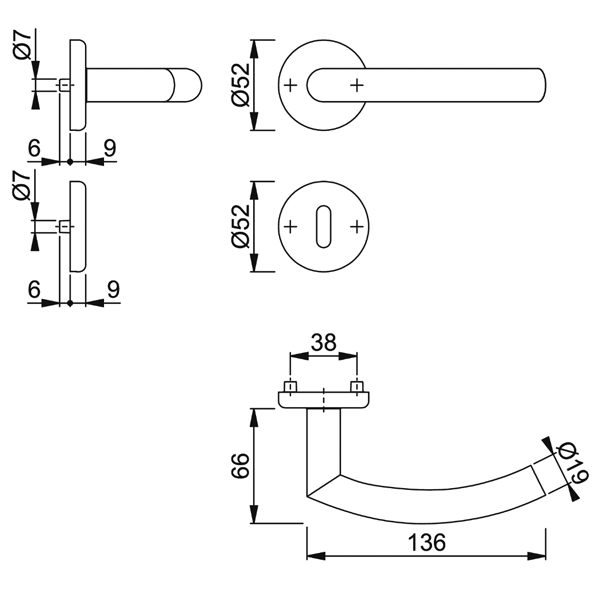 Ensemble sur rosace clé en L Alta Hoppe Inox mat pour porte de 38 - 42 mm - carré 7 mm