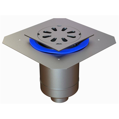Siphon de douche inox 250,0 mm x 250,0 mm réglable en hauteur avec platine de reprise d'étanchéité - sortie verticale 100 mm