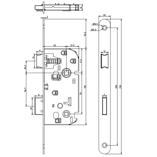 Serrure à encastrer à clé en L Abus SE 40 pour porte intérieure - axe 40 mm - entraxe 70 mm - carré 7 mm - blanche