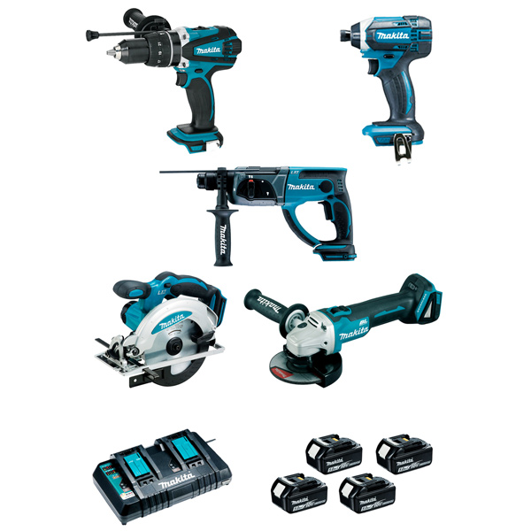 Ensemble de 5 machines Makita 18V Li-Ion 5Ah - DLX5039PTJ - en coffrets avec batteries et chargeur rapide