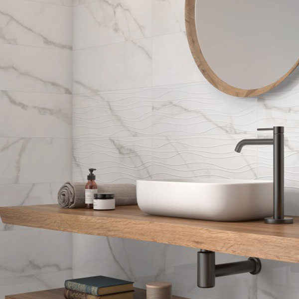 Faïence salle de bain et cuisine effet marbre - Vogue - 20 x 60 cm - ép. 8 mm - Blanco brillant