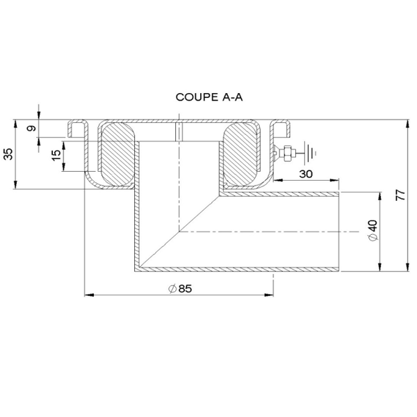 Siphon de douche en inox - cloche avec garde d'eau de 15 mm - 100 x 100 mm - sortie latérale 40 mm