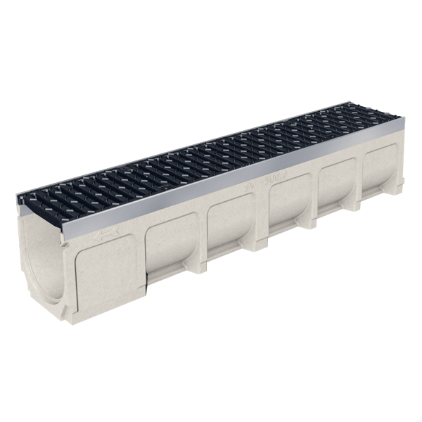 Caniveau en béton polymère MEADRAIN SV 1500 avec feuillures acier galvanisé et grille fonte C250 - Largeur 150,0 mm - Longueur 1 m