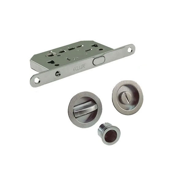 Serrure à condamnation pour porte coulissante avec tire doigt et plaque têtière - Rondo Eclisse - ∅60 mm - Chromé satiné