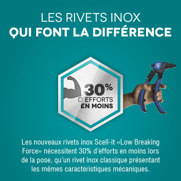 Rivet inox A2 standard tête plate Scell-it serrage 2.5 à 4.5 mm dimensions 4 x 8 mm - boîte de 400