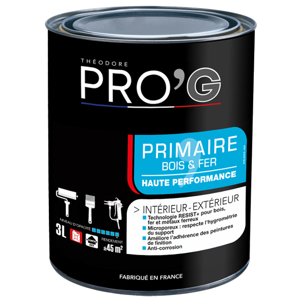 Sous-couche anti-corrosion intérieur/extérieur bois et métaux - Primaire Théodore Pro'G - Pot 3L