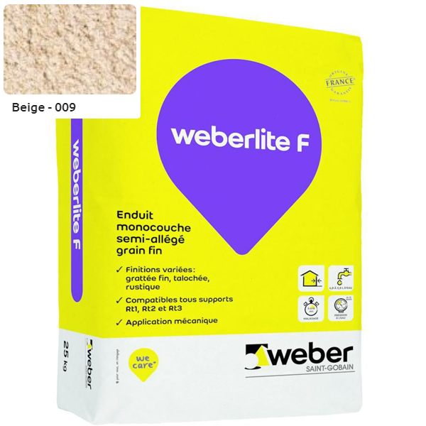 Enduit monocouche semi-allégé et coloré à grain fin WeberLite F 009 Beige - sac de 25 KG