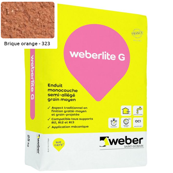 Enduit monocouche semi-allégé et coloré à grain moyen WeberLite G 323 Brique orange - sac de 25 KG