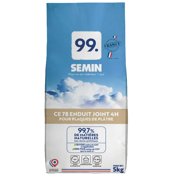 Enduit à joint éco-responsable pour plaques de plâtre - prise rapide 4H - CE 78 99. Semin - Sac de 5,0 KG