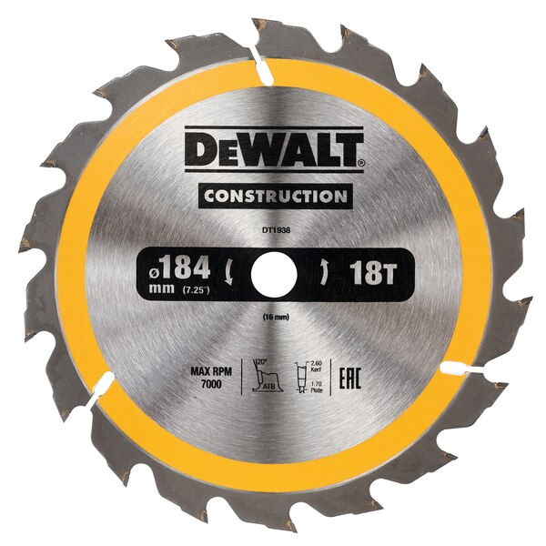 Lame de scie circulaire Dewalt DT1938-QZ 184x16 mm 18 Dents Spécial Construction
