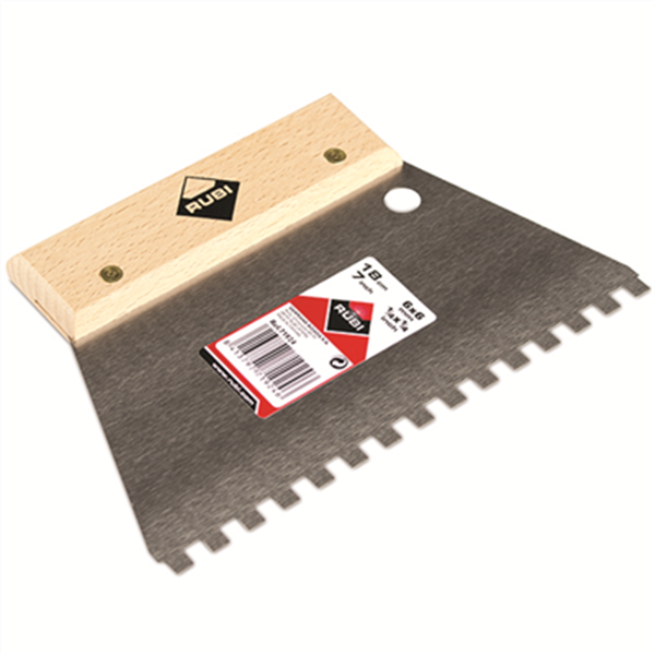 Peigne colle acier carreleur - Denture carrée 6x6 mm Rubi - Lame large 18 cm - Manche en bois