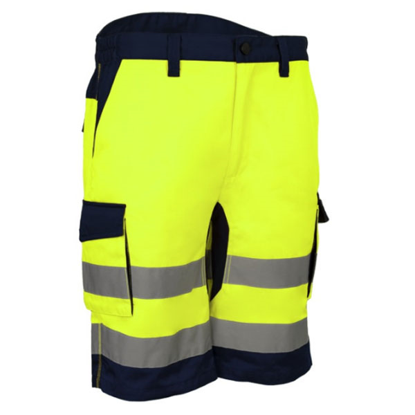 Bermuda de travail haute visibilité jaune multipoches et bandes rétroréfléchissantes - HIBANA - Taille XL