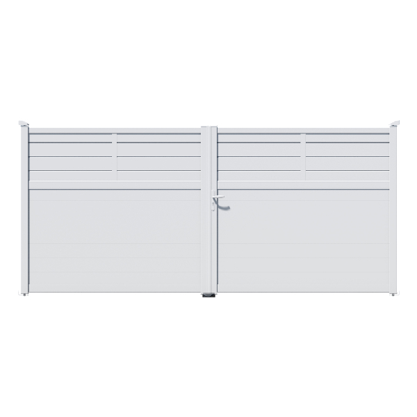 Portail aluminium sur mesure Intiméclo - Inti 13 Icar - Battant ou coulissant - Aspect au choix avec lames brises vues horizontales 150 mm avec raidisseurs