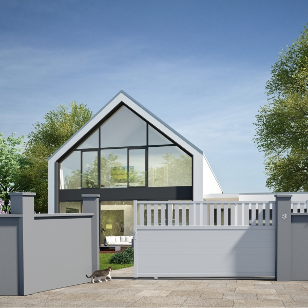 Portail aluminium sur mesure Intiméclo - Inti 10 Odin - Battant ou coulissant - Aspect au choix - Barreaudage vertical 100 mm et lames horizontales 150 mm