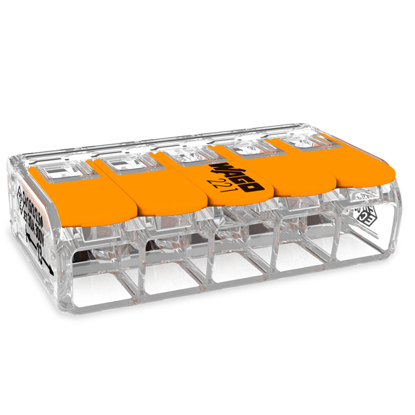Borne à levier compact 221 Wago - 5 connexions 0,5 à 6 mm² - tous types de conducteurs - Boîte de 15
