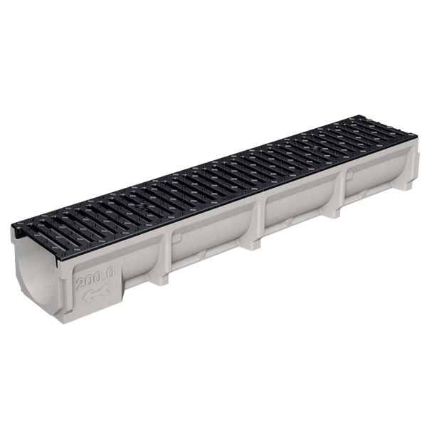 Caniveau béton polymère MEAGARD 200 avec grille passerelle fonte B125 - Largeur 200 mm - Longueur 1 m