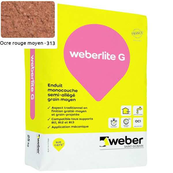 Enduit monocouche semi-allégé et coloré à grain moyen WeberLite G 313 Ocre rouge moyen - sac de 25 KG