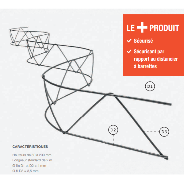 Distancier sinusoïdal en acier pour nappe de treillis soudé - hauteur 70 MM - longueur 2 M