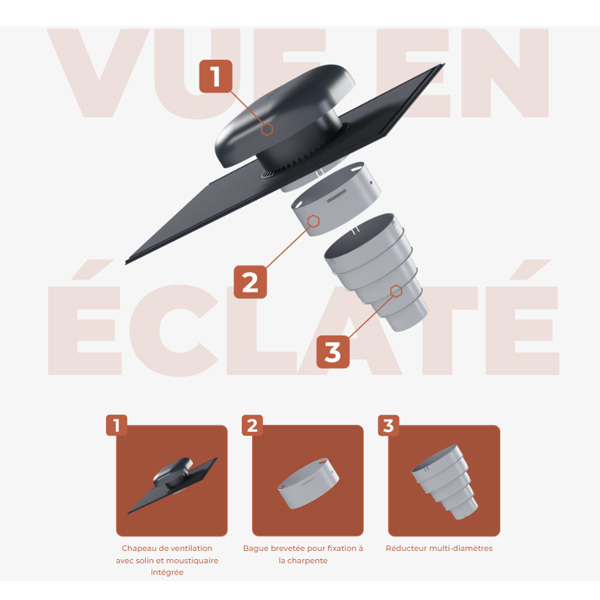 Chapeau de ventilation pour toiture ardoise avec solin moustiquaire et réducteur multi-diamètres - Anthracite