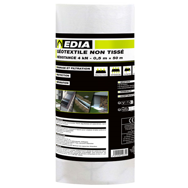 Géotextile non-tissé imputrescible pour aménagement extérieur - Résistance 4 kN - Edia - 0,50 m x 50,00 m