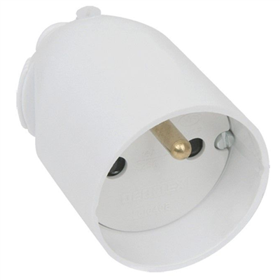 Fiche femelle Debflex - Sortie droite à coiffe - 2 pôles + terre - 16 A - 3500 W - Polypropylène - Blanc