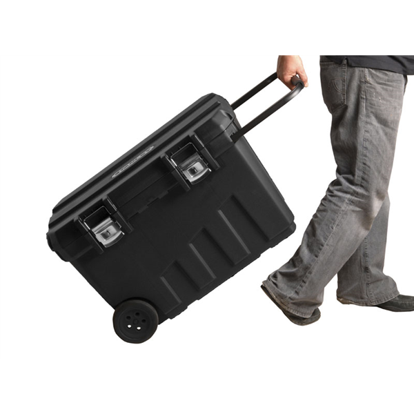 Coffre de chantier roulant avec poignée et plateau porte outil volume utile 91L