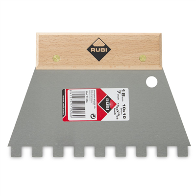 Peigne colle acier carreleur - Denture carrée 10x10 mm Rubi - Lame large 18 cm - Manche en bois