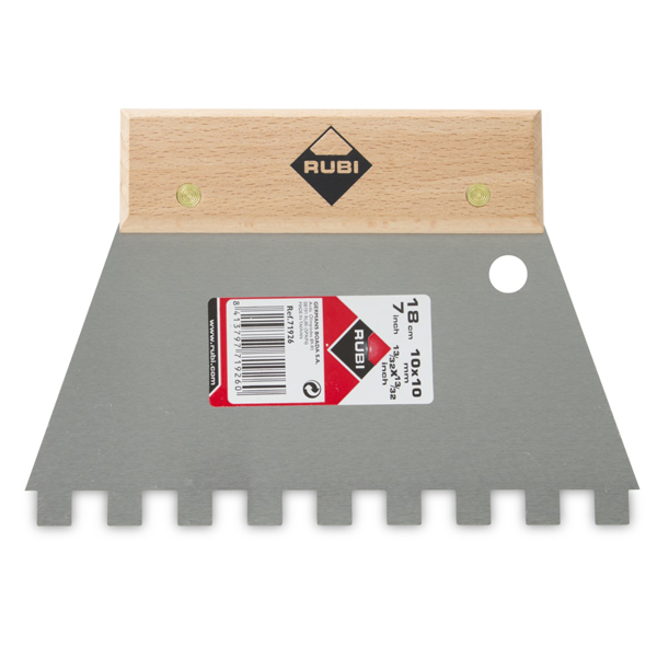 Peigne colle acier carreleur - Denture carrée 10x10 mm Rubi - Lame large 18 cm - Manche en bois