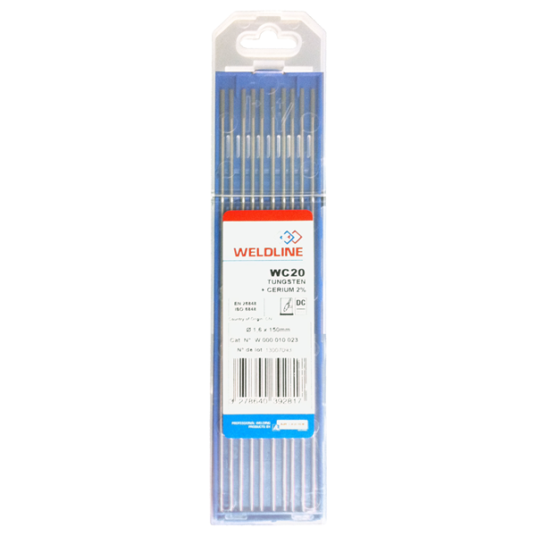 Électrode Tungstène Cérium 2% diamètre 1.6 mm longueur 150 mm Intensité 45 - 90 A - étui de 10